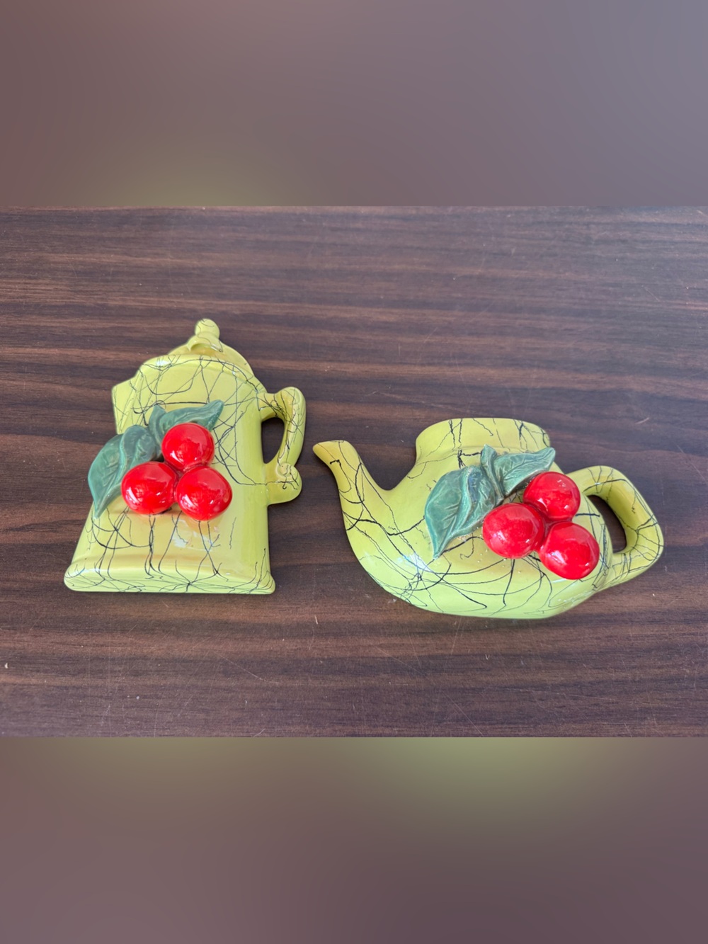 Vintage California Pottery Wall Pockets with Yellow Crackle Glaze & Red Cherries